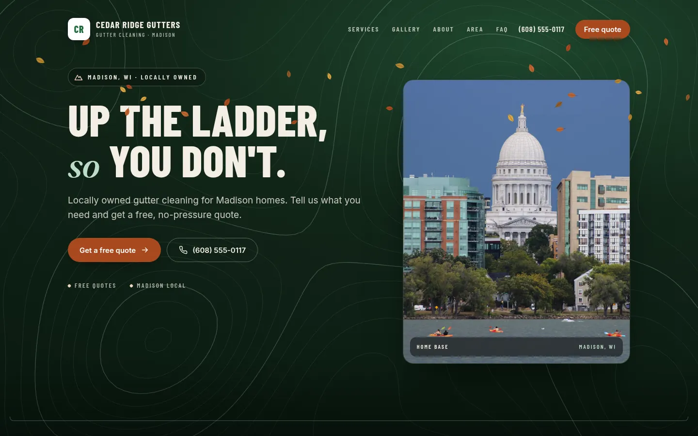 Alpine design: homepage of Cedar Ridge Gutters, a fictional gutter cleaning company