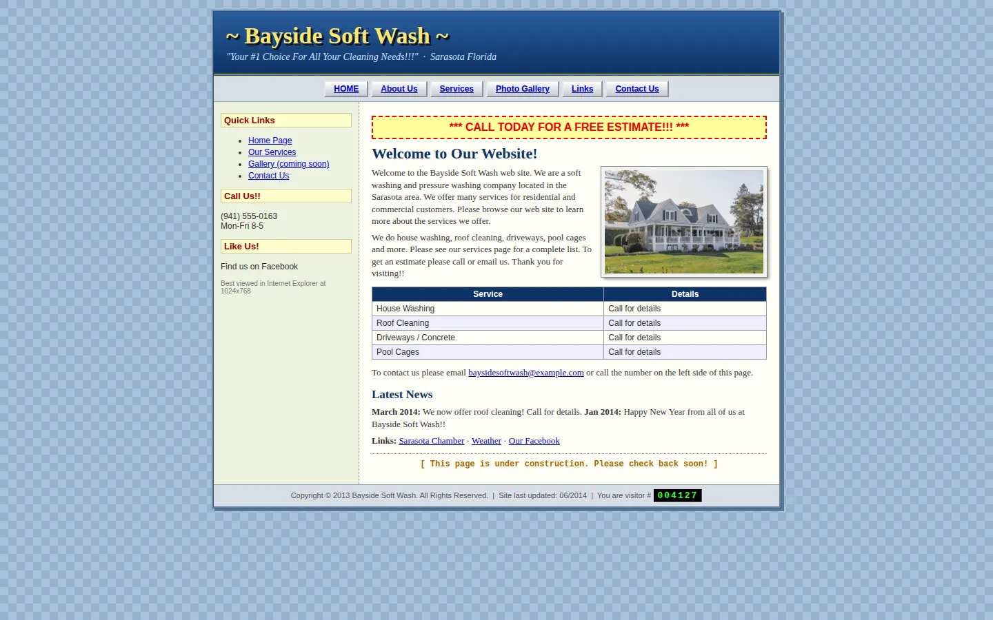 Before: a dated website for Bayside Soft Wash, a fictional company, with tiny text, a visitor counter and 'call for details' prices