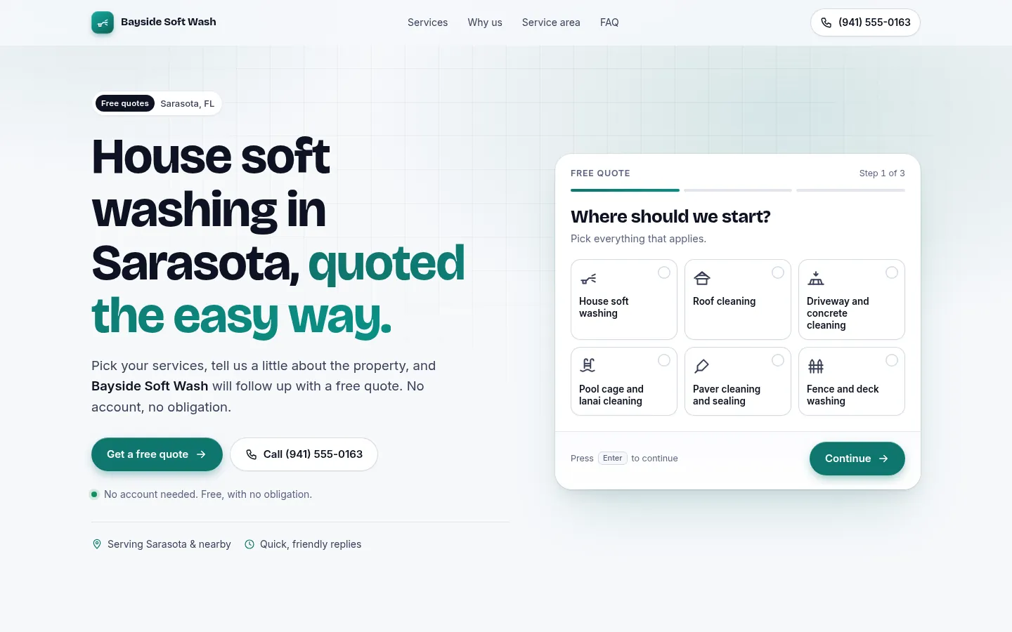 After: the same fictional business on Quoteworthy's Quote design, with a step-by-step quote form